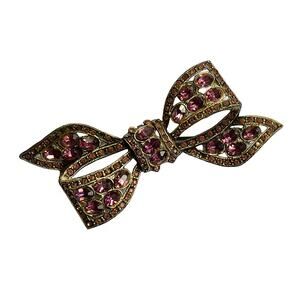 1940s Pot Metal Amethyst Purple Rhinestones Vintage Ribbon Bow Pin Brooch